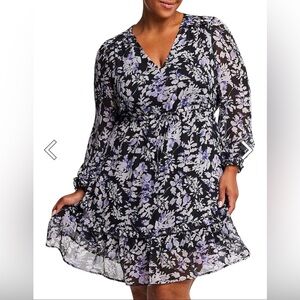 Estelle Wild Orchid Floral Midi Dress Sheer Long Sleeves Fit & Flare– 16 & 20